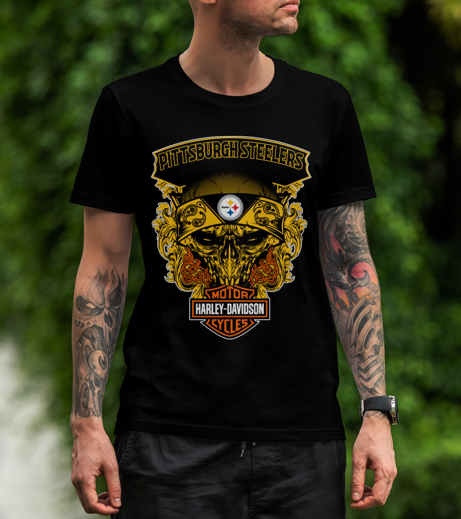 Pittsburgh Steelers Harley Davidson Motorcycles Skull T-Shirt