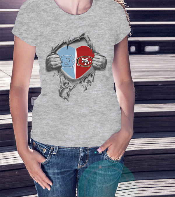 49Ers Tar Heels San Francisco UNC Heart Torn Fabric T-Shirt