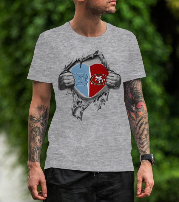 49Ers Tar Heels San Francisco UNC Heart Torn Fabric T-Shirt