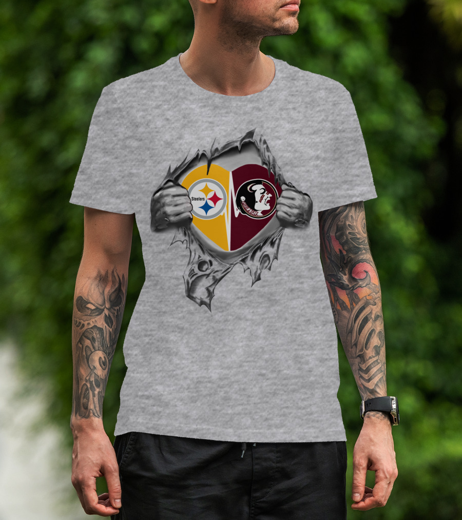 Steelers Seminoles Heart Hands Logo Under Torn Skin T-Shirt