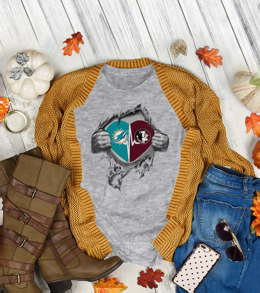 Heart of Dolphins and Seminoles Logos Torn Open T-Shirt