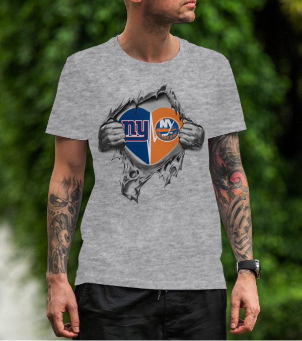 Giants Islanders NY Heart Logos Torn Reveal T-Shirt