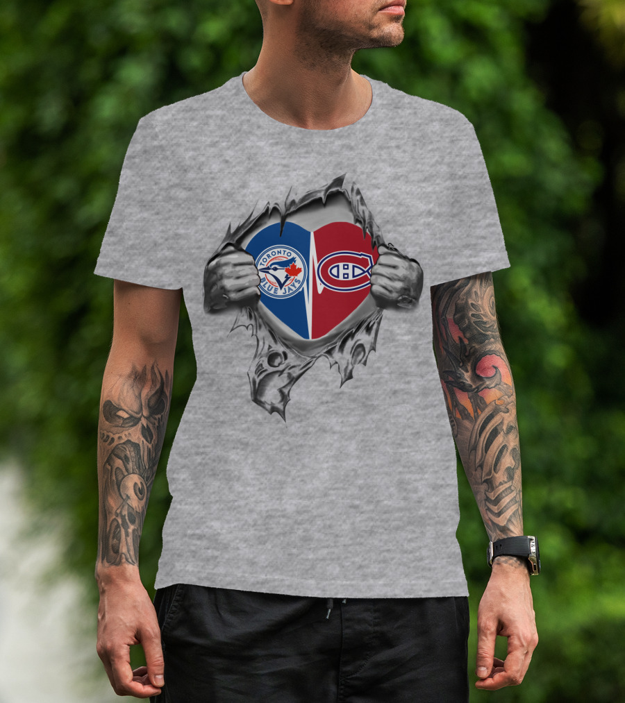 Blue Jays Canadiens Heart Torn Open Toronto Montreal Team Passion T-Shirt