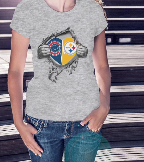 Cubs Steelers Heart Logo Ripped T-Shirt