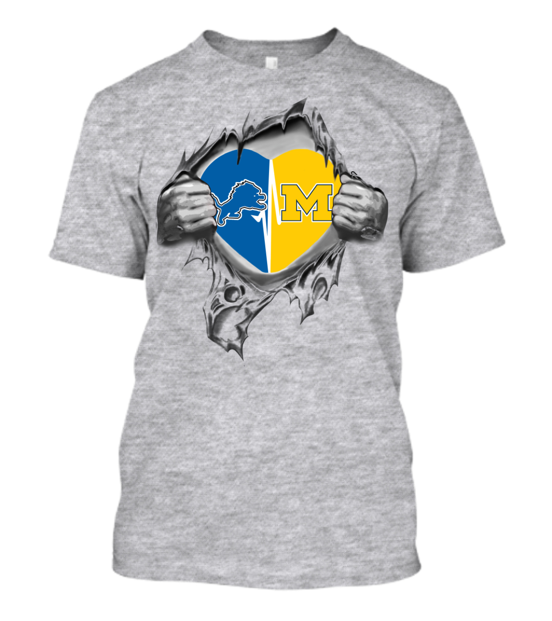 Detroit Lions Michigan Wolverines Heart Blue Yellow Split T-Shirt