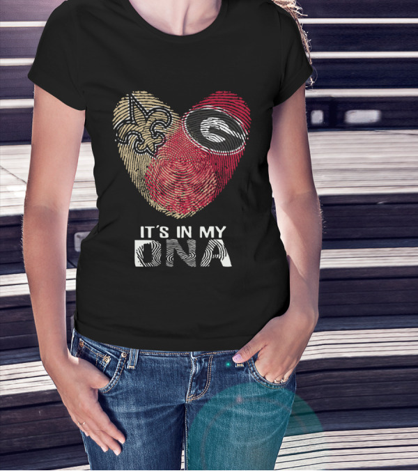Saints Bulldogs It's In My DNA Fleur-de-Lis And Georgia Logo Fingerprint Heart T-Shirt
