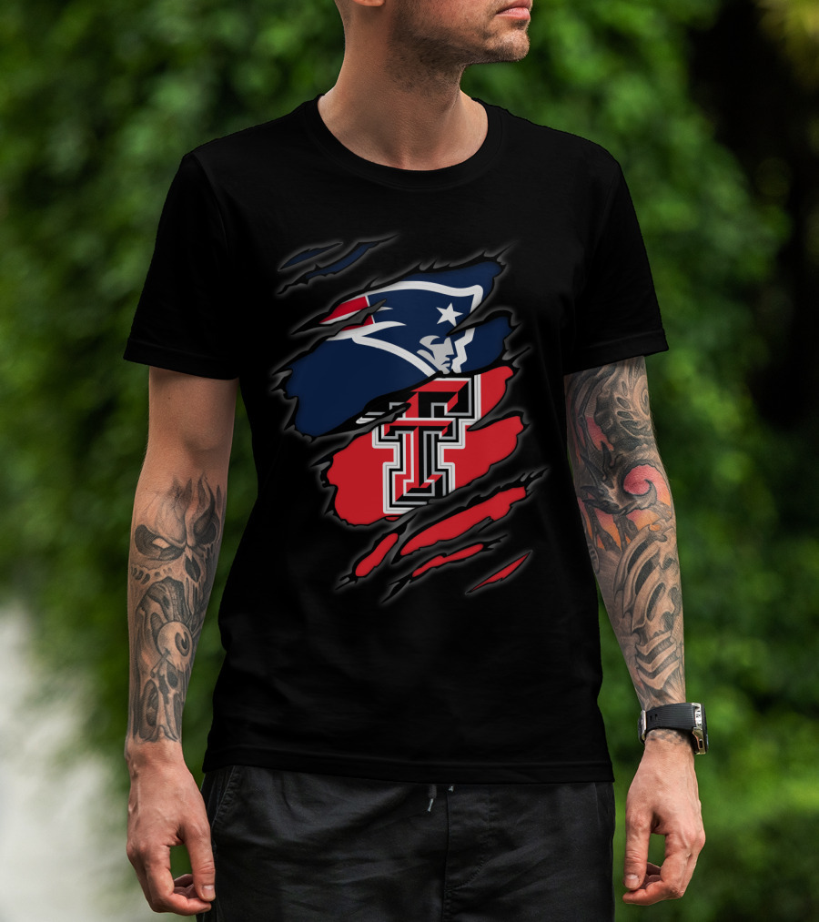 Patriots And Texas Tech Dual Logo Ripped T-Shirt
