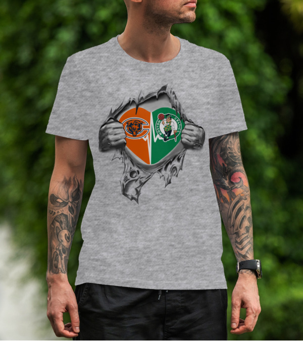 Bears Celtics Heart Logo With Hands Ripping Split Heart T-Shirt