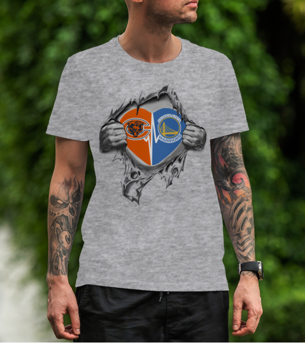 Bears Warriors It's In My Heart Chicago Golden State Logos Inside Torn T-Shirt