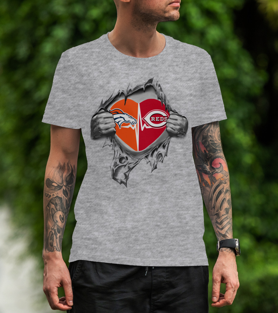 Broncos Reds Heartbeat Passion Football Baseball Iconic Logos T-Shirt
