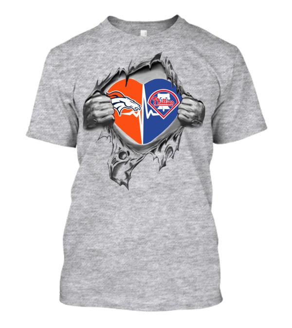 Broncos And Phillies Heart Torn Open By Hands Showing Logos T-Shirt