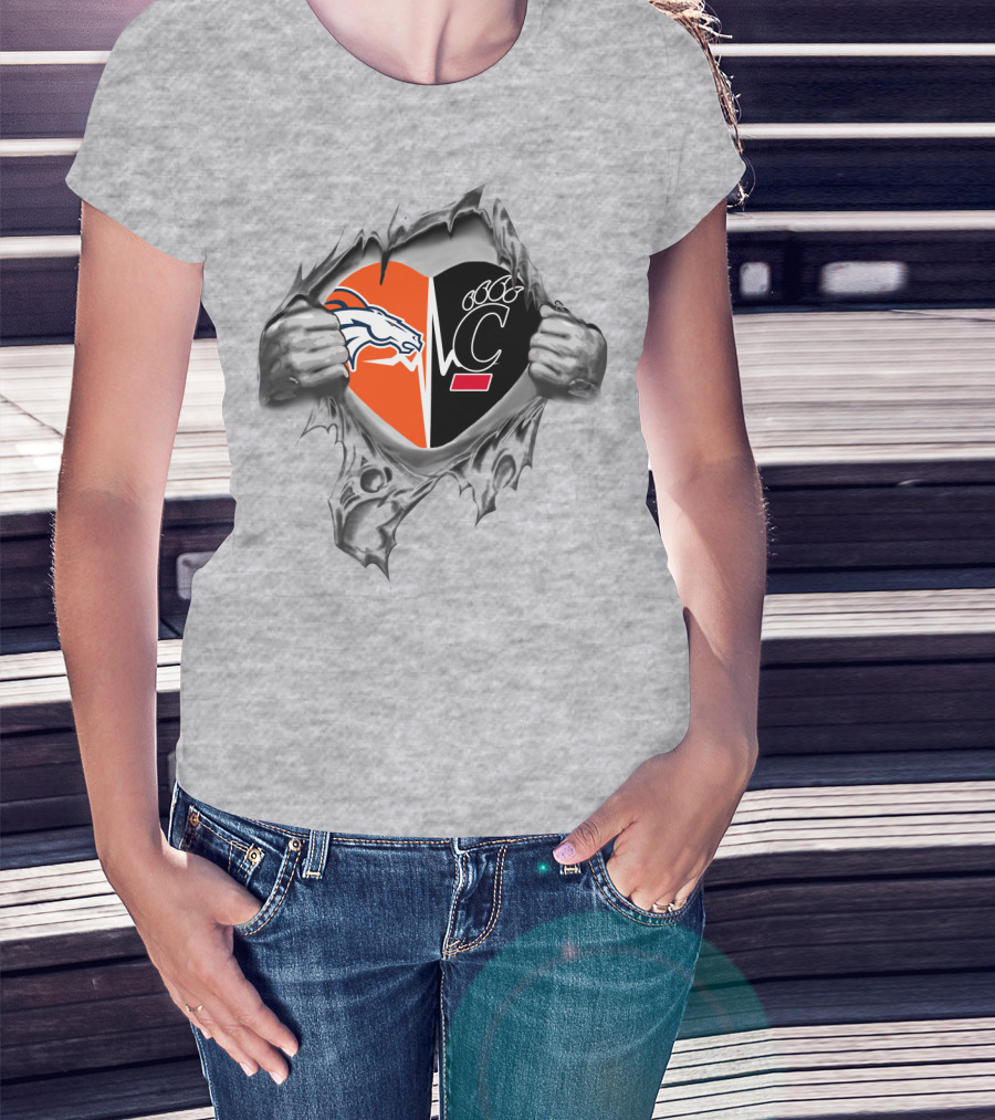 Broncos Bearcats Heart Rip Logo Fusion T-Shirt