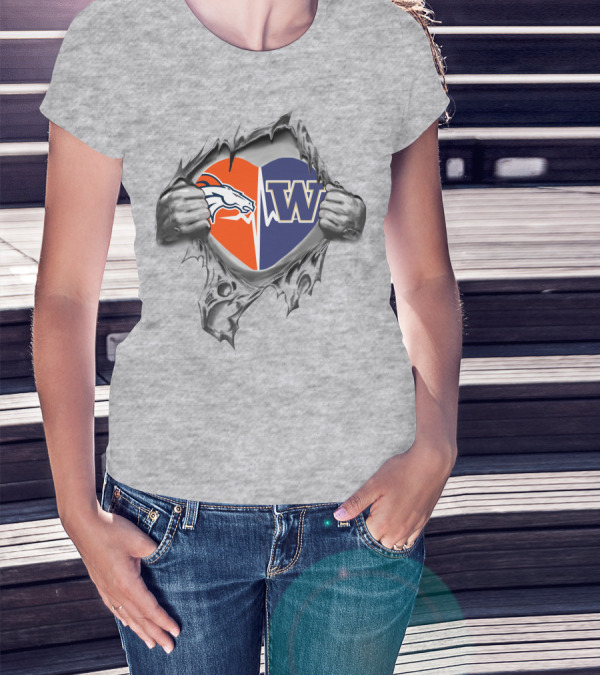 Broncos Huskies Heart Design Split With Logo Elements T-Shirt