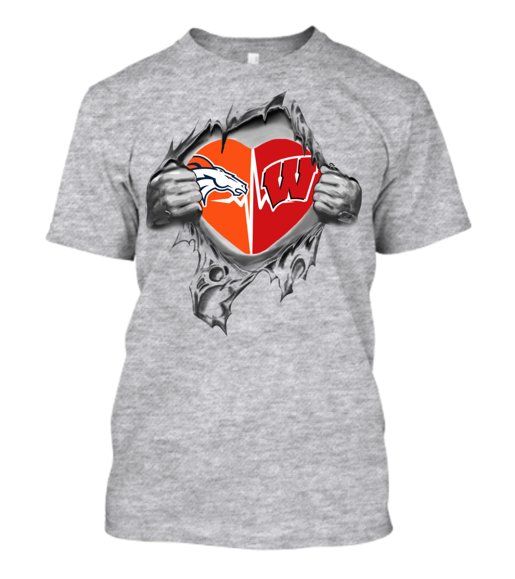 Broncos Badgers Heart Emblem Burst Through With Love Nfl Ncaa Team Pride T-Shirt