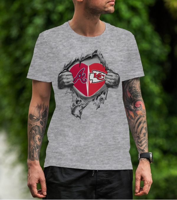 Braves Chiefs Heart Logos Through Torn Fabric T-Shirt