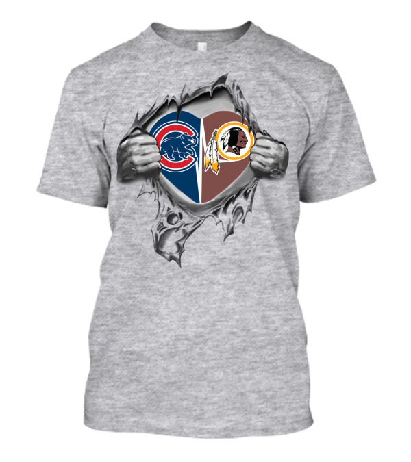 Cubs Redskins Heart With Chicago Bears Elephant And Washington Football Team Native American Logos T-Shirt