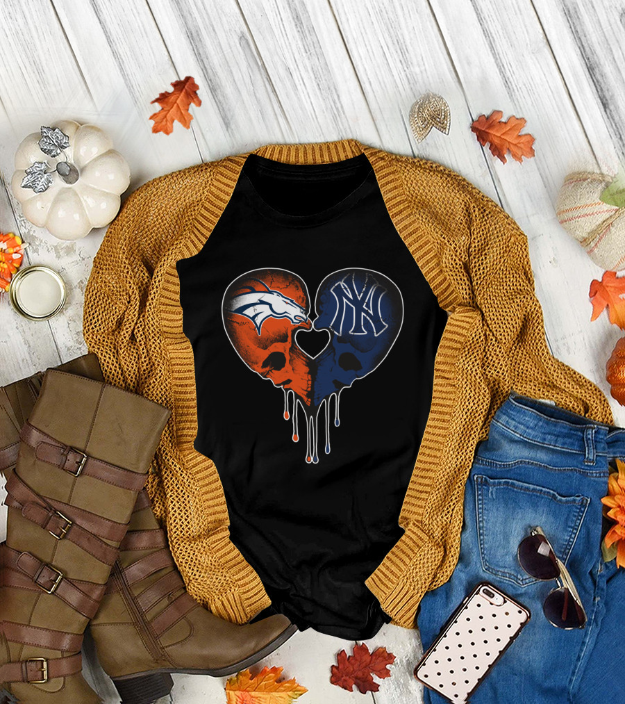 Broncos Yankees Skull Heart Fusion T-Shirt