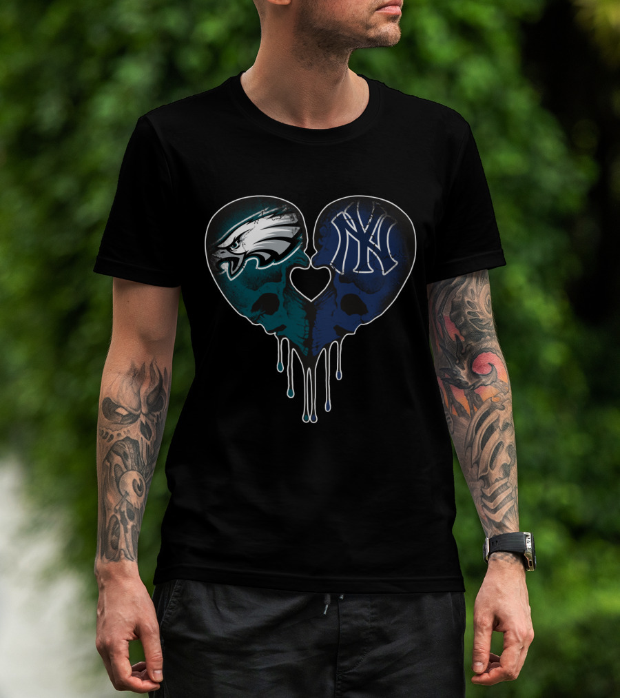 Eagles Yankees Skull Love Heart Drip T-Shirt