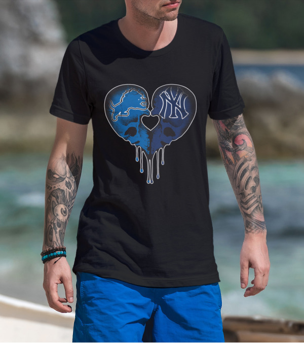 Detroit Lions New York Yankees Skull Heart Fusion T-Shirt