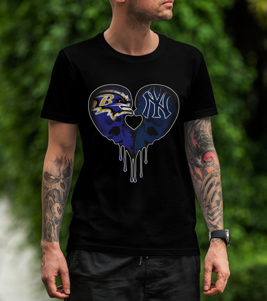 Ravens Yankees Skull Love Heart Dripping T-Shirt