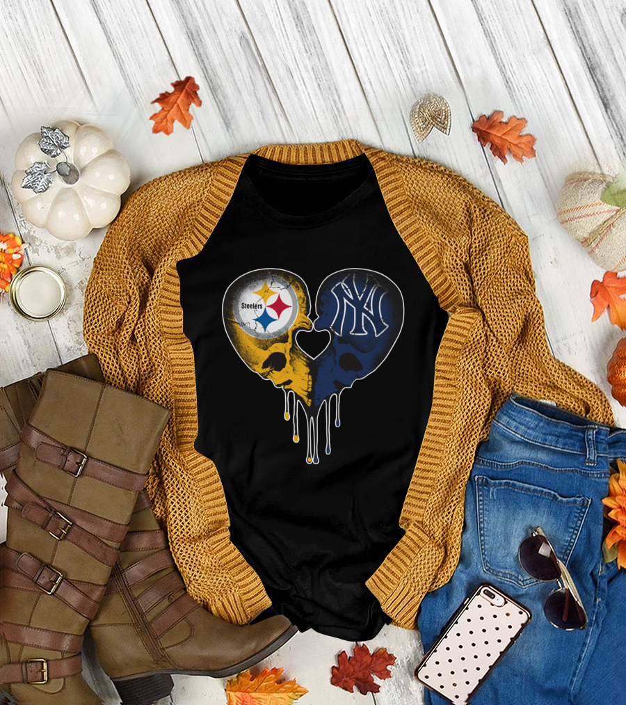 Steelers Yankees Skull Heart Fusion Love T-Shirt