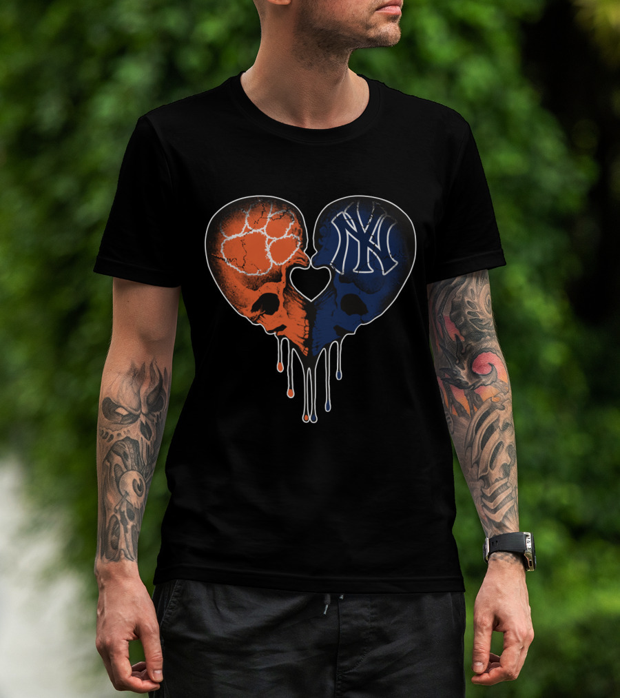 Clemson Tigers Skull And Yankees Skull Heart Love T-Shirt