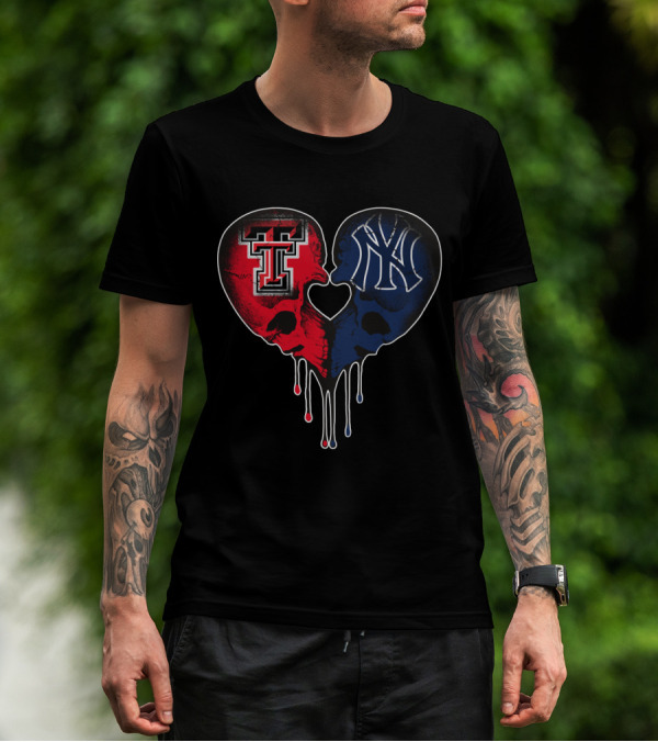 Texas Tech And Yankees Dripping Skull Heart Love T-Shirt