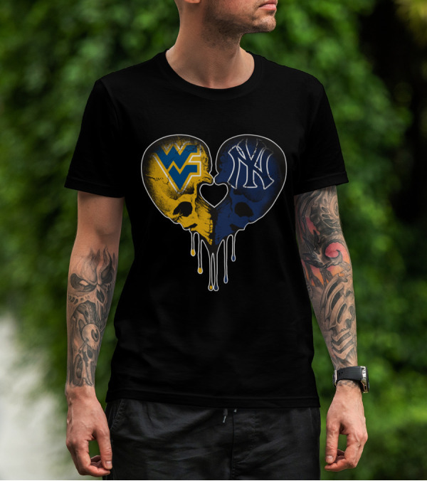 West Virginia Yankees Skull Heart WVU NY Logo Fusion Love T-Shirt