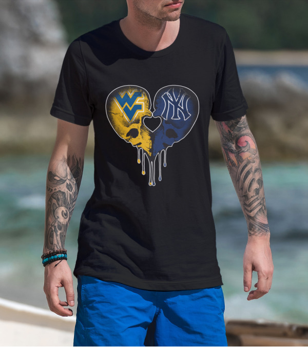 West Virginia Yankees Skull Heart WVU NY Logo Fusion Love T-Shirt