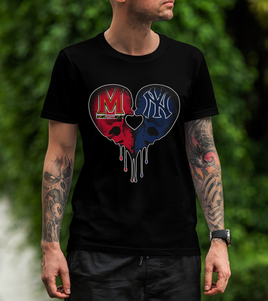 Maryland And Yankees Skull Heart Fusion T-Shirt