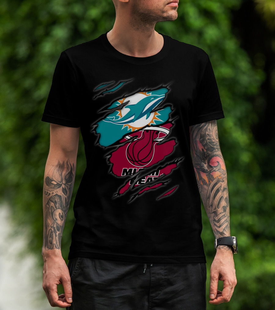 Miami Dolphins Miami Heat Crossover Collaboration Logos T-Shirt