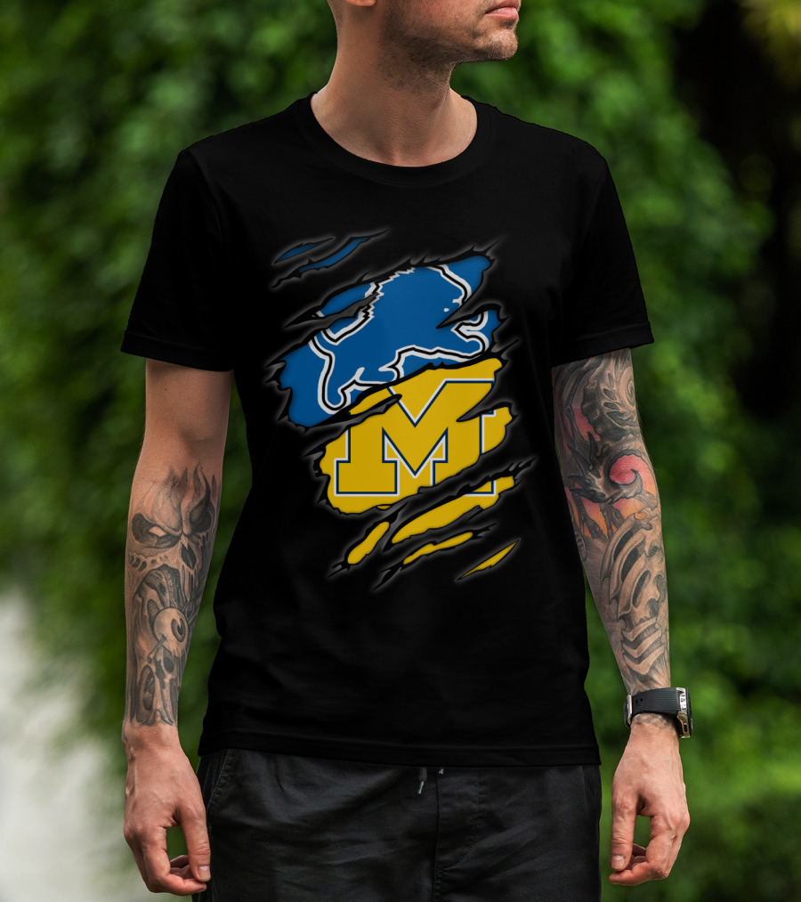 Detroit Lions Michigan Wolverines Football Fan Logo Crossover T-Shirt