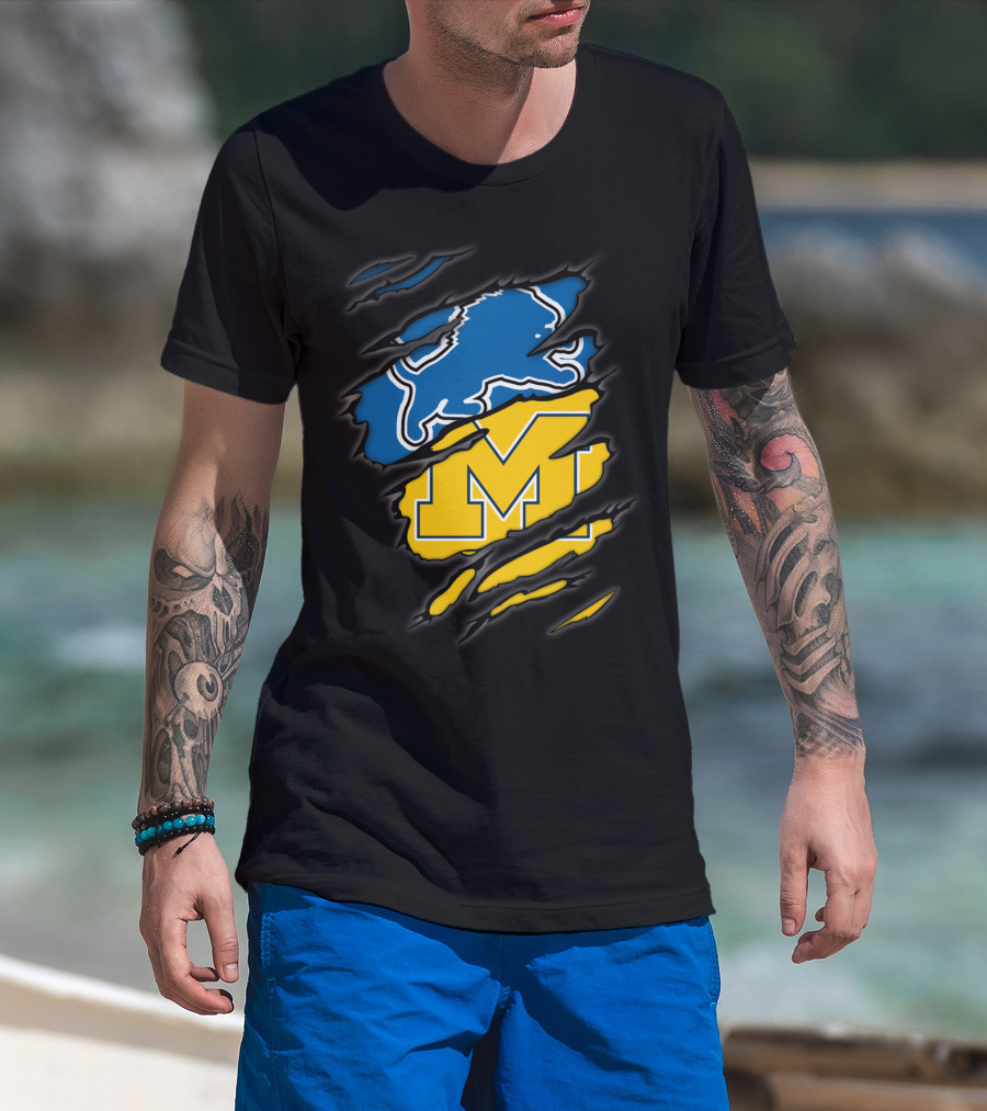 Detroit Lions Michigan Wolverines Football Fan Logo Crossover T-Shirt
