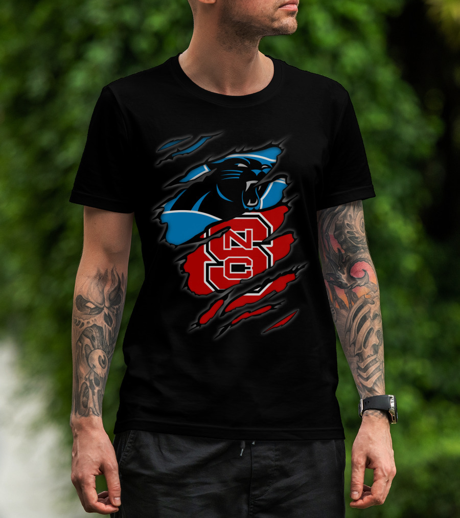 Carolina Panthers Nc State Wolfpack Hybrid Logo Ripped T-Shirt