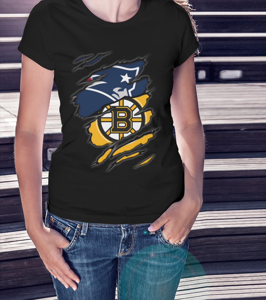 Patriots Bruins Torn Team Fusion New England Boston Sports Logos T-Shirt