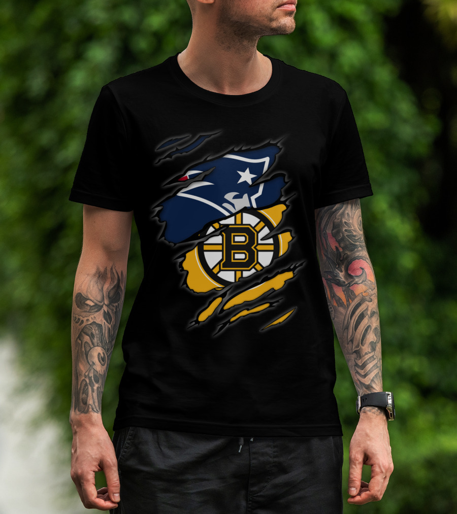 Patriots Bruins Torn Team Fusion New England Boston Sports Logos T-Shirt