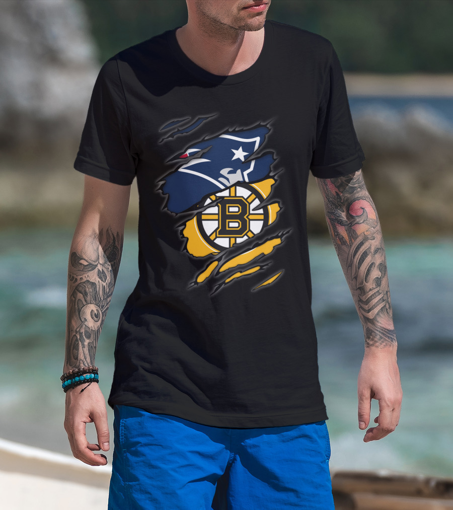 Patriots Bruins Torn Team Fusion New England Boston Sports Logos T-Shirt