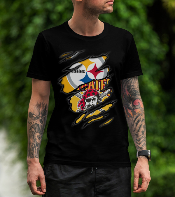 Steelers Pirates Logo Mashup Ripped Effect T-Shirt