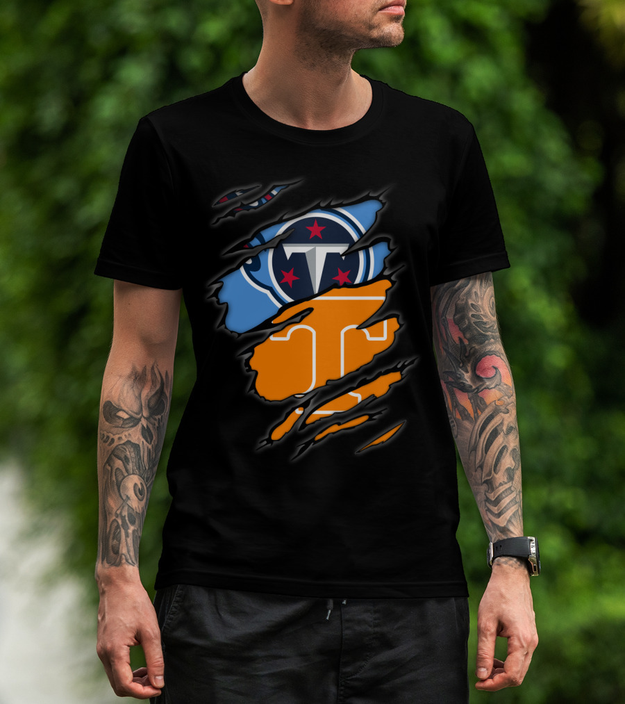 Tennessee Titans Volunteers Ripped Dual Logo Football Team Fan Gear T-Shirt