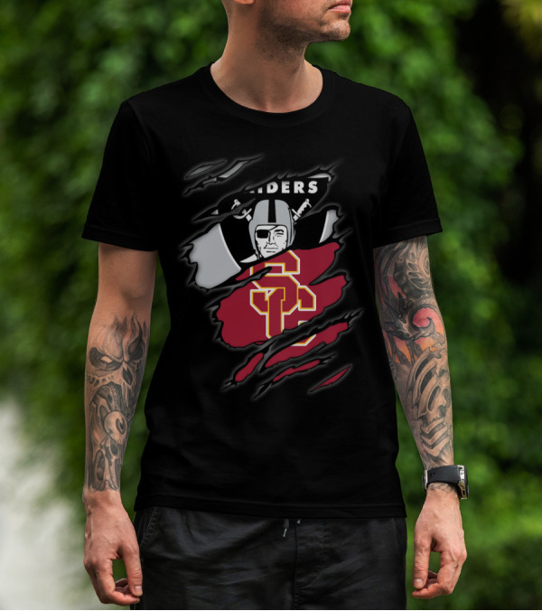 Raiders Trojans USC Los Angeles Football Torn Effect Logo Mix T-Shirt
