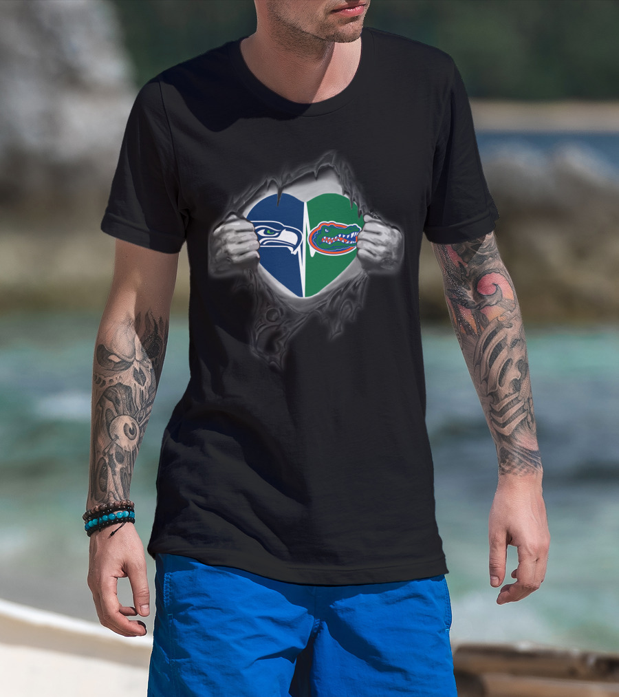 Seahawks And Gators Heart Logo Split Fan T-Shirt