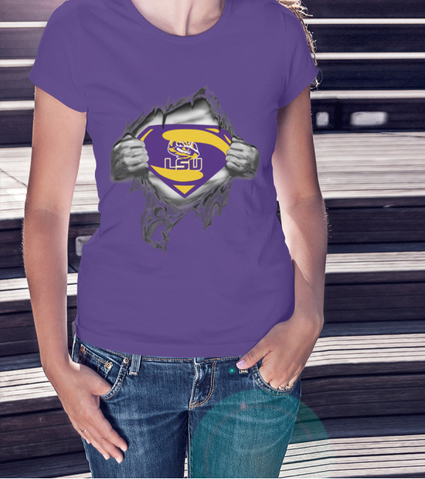 LSU Tigers Superman Logo With Hands Ripping Purple T-Shirt