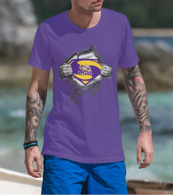 LSU Tigers Superman Logo With Hands Ripping Purple T-Shirt