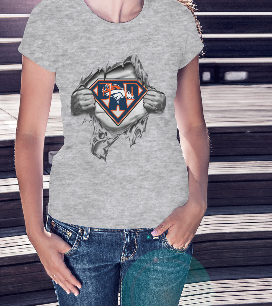 Superman Ripping Open To Reveal Broncos T-Shirt