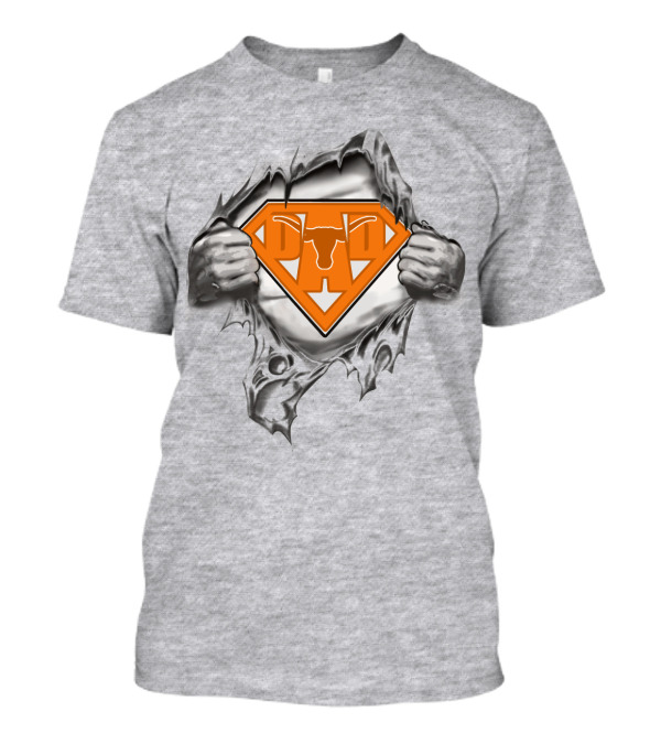 Longhorn Superman Logo Ripped Silver Hands Orange Triangles T-Shirt
