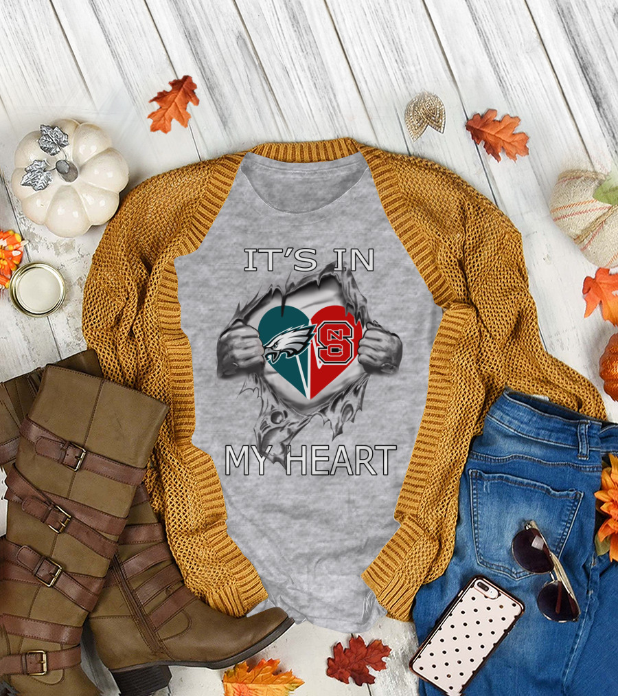 IT'S IN MY HEART PHILADELPHIA EAGLES NC STATE LOGO HEART GRAY BACKGROUND T-Shirt