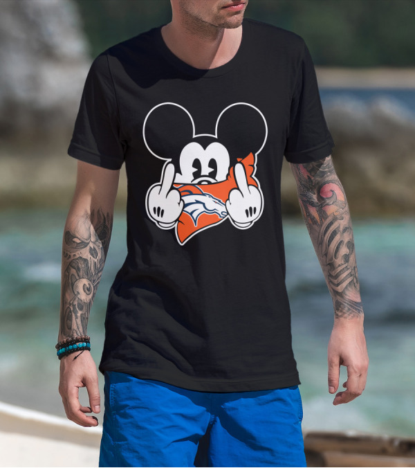 Mickey Mouse Double Gesture With Broncos Logo Bandana T-Shirt