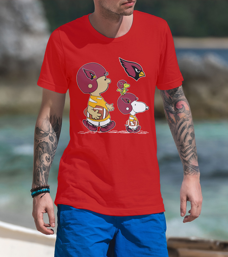 Cardinals Football Helmet Snoopy Woodstock Peanuts Characters T-Shirt