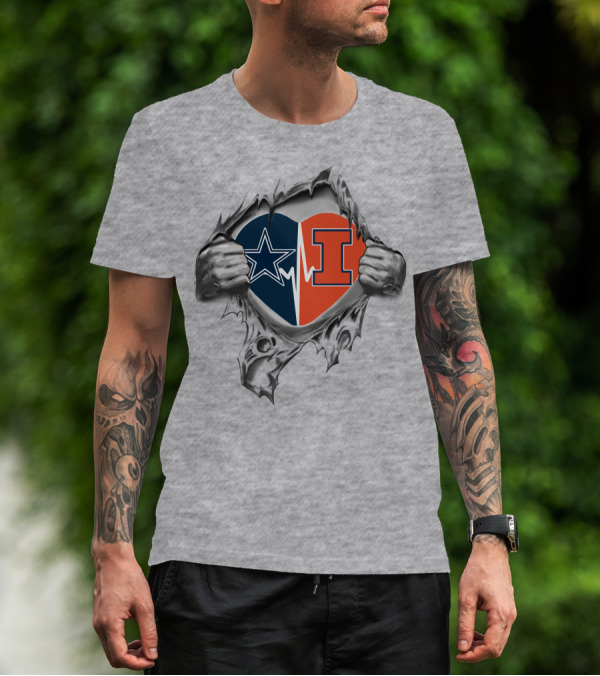 Cowboys Illinois Heartbeat Star And Block I Inside Torn Chest T-Shirt