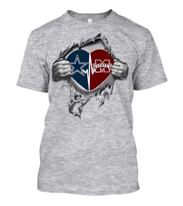 Cowboys Mississippi State Heart Star Ms State Logos In Tattered Tear T-Shirt